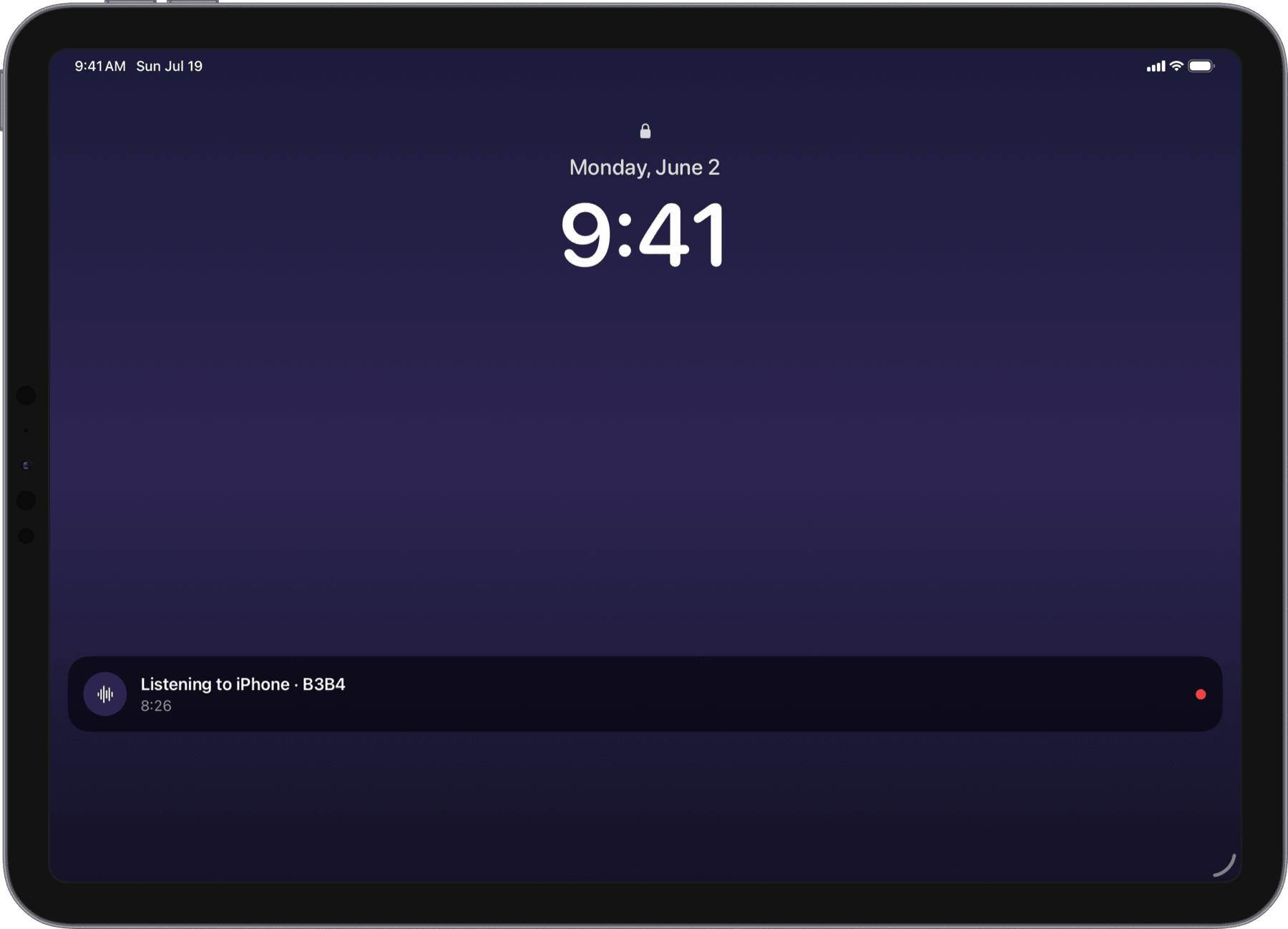 Lock screen with the live listening indicator (iPad)