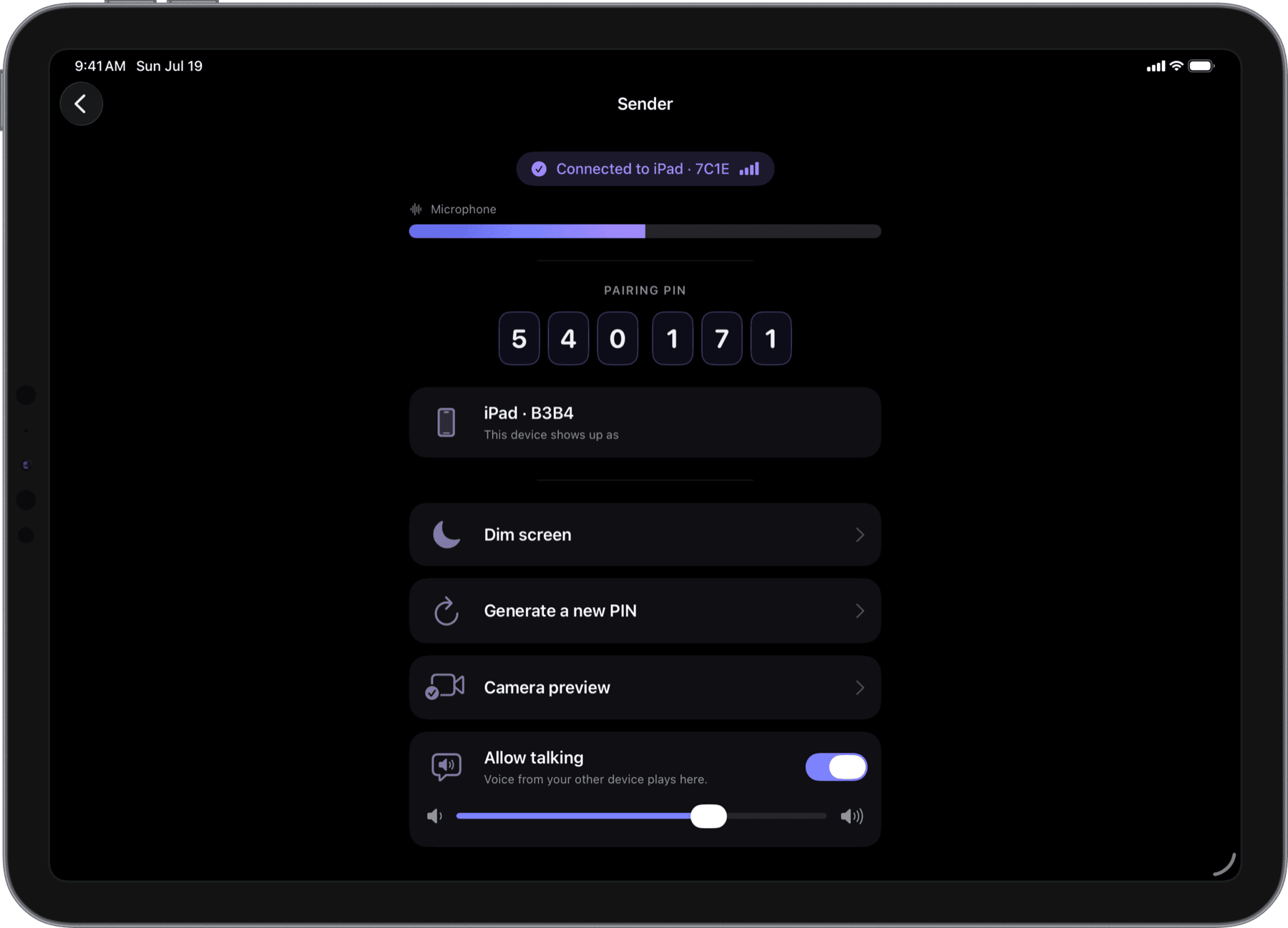 Baby unit screen with dim, PIN, and camera preview controls (iPad)