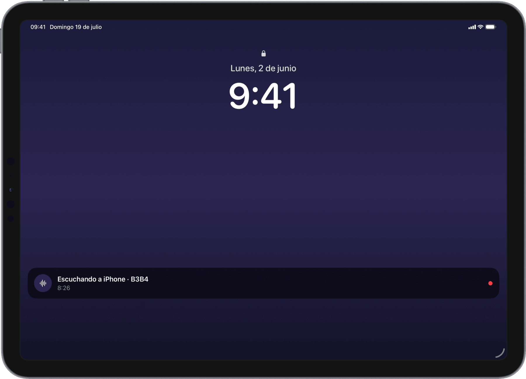 Pantalla de bloqueo con el indicador de escucha activo (iPad)