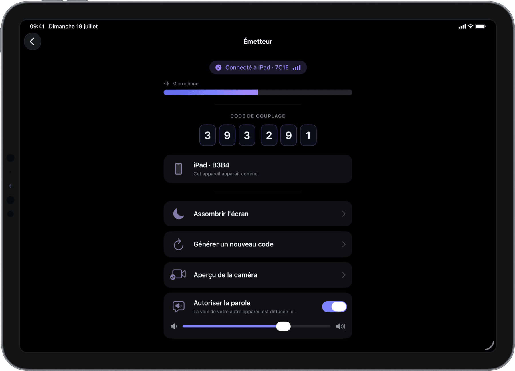 Unité bébé avec réglages d'écran, de PIN et d'aperçu caméra (iPad)