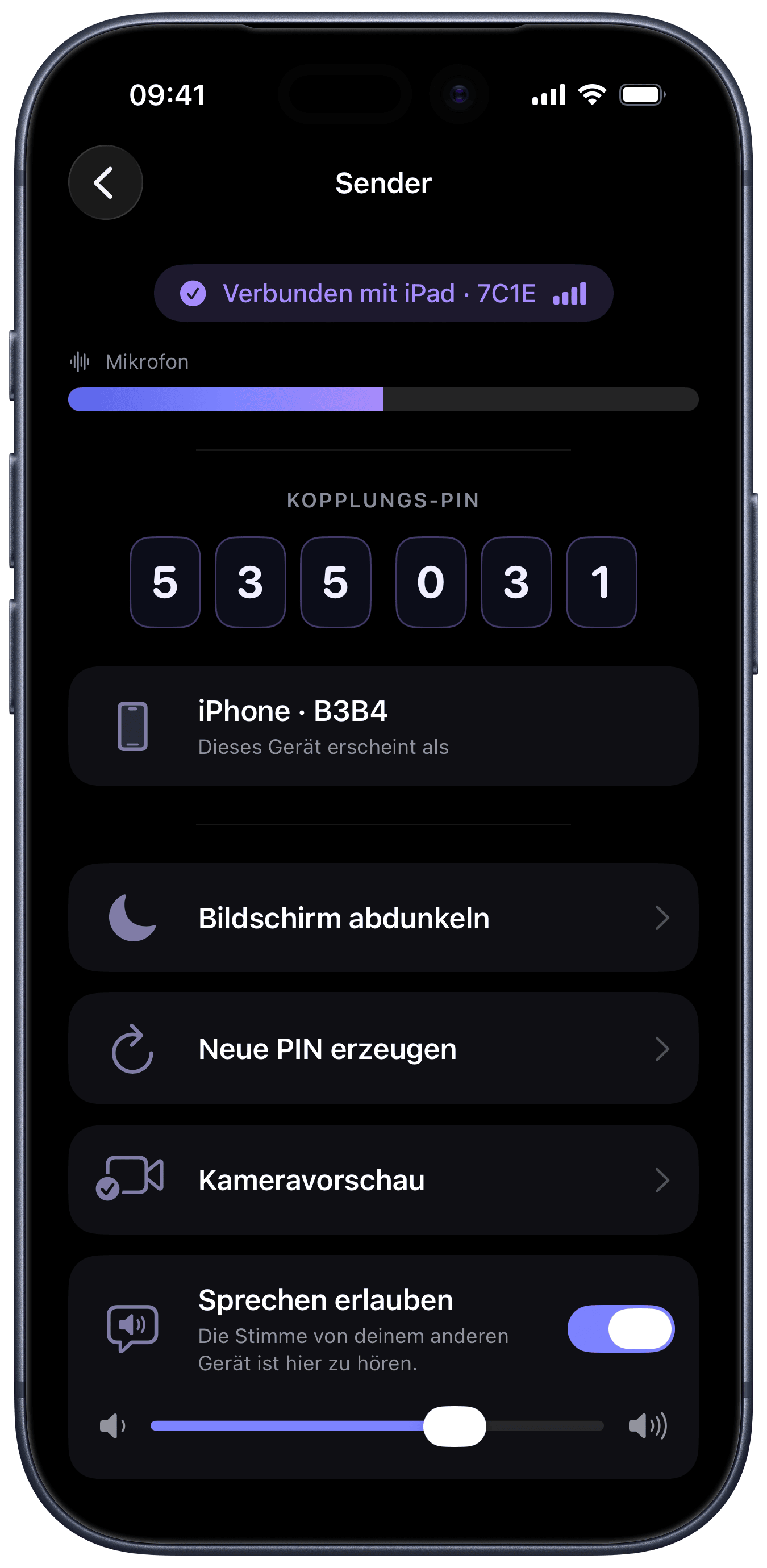 Babyeinheit mit Reglern für Bildschirm, PIN und Kameravorschau (iPhone)