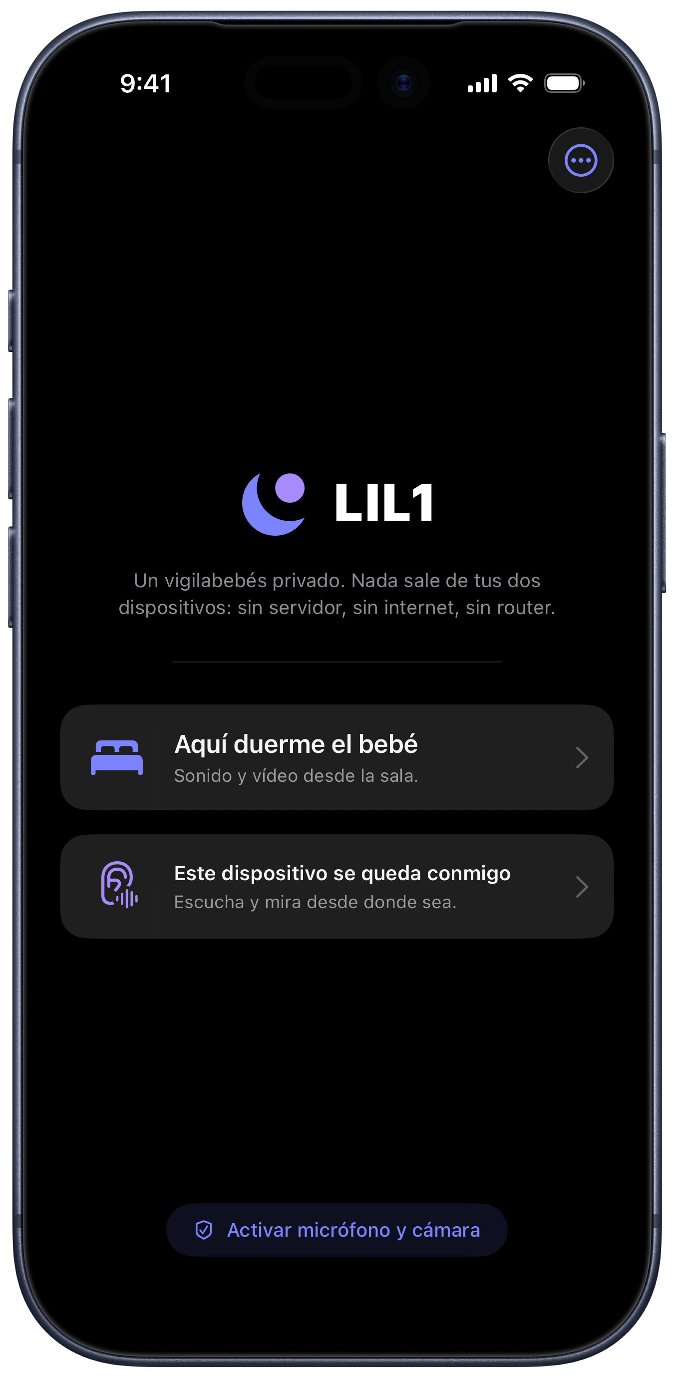 Pantalla de inicio de LIL1 en el iPhone, eligiendo entre dispositivo de bebé y de padres.