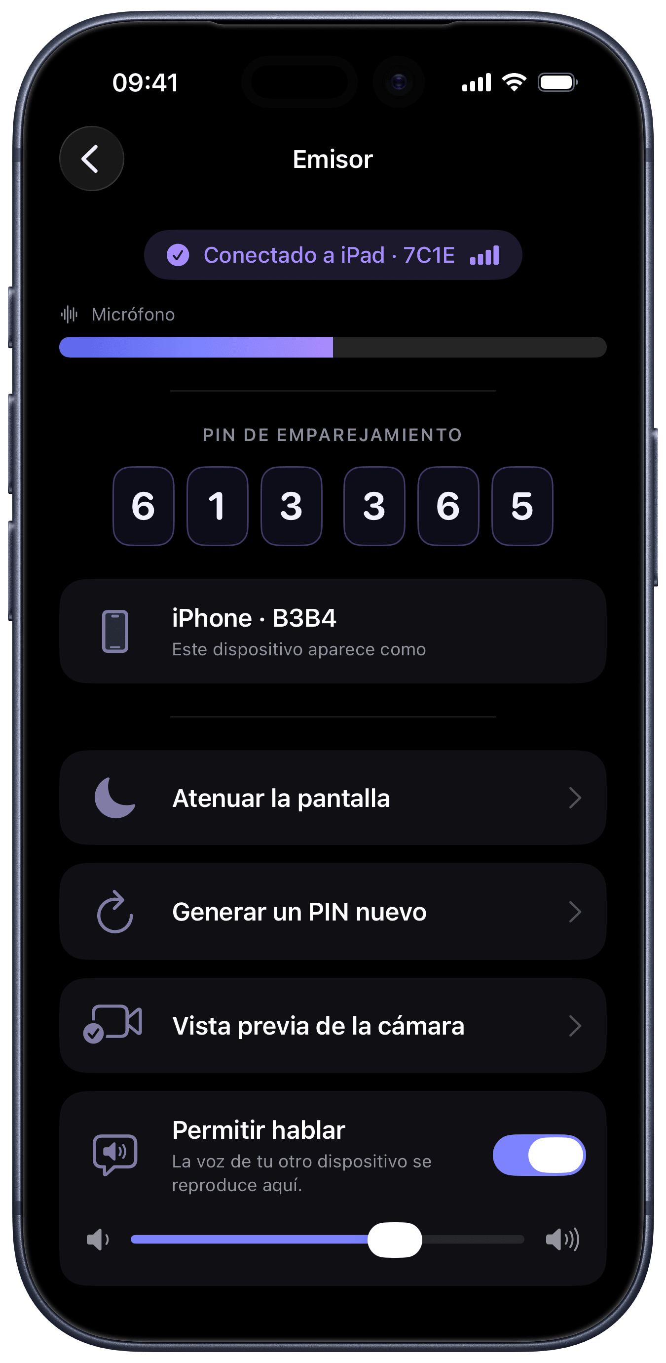 Unidad del bebé con controles de pantalla, PIN y vista previa de la cámara (iPhone)