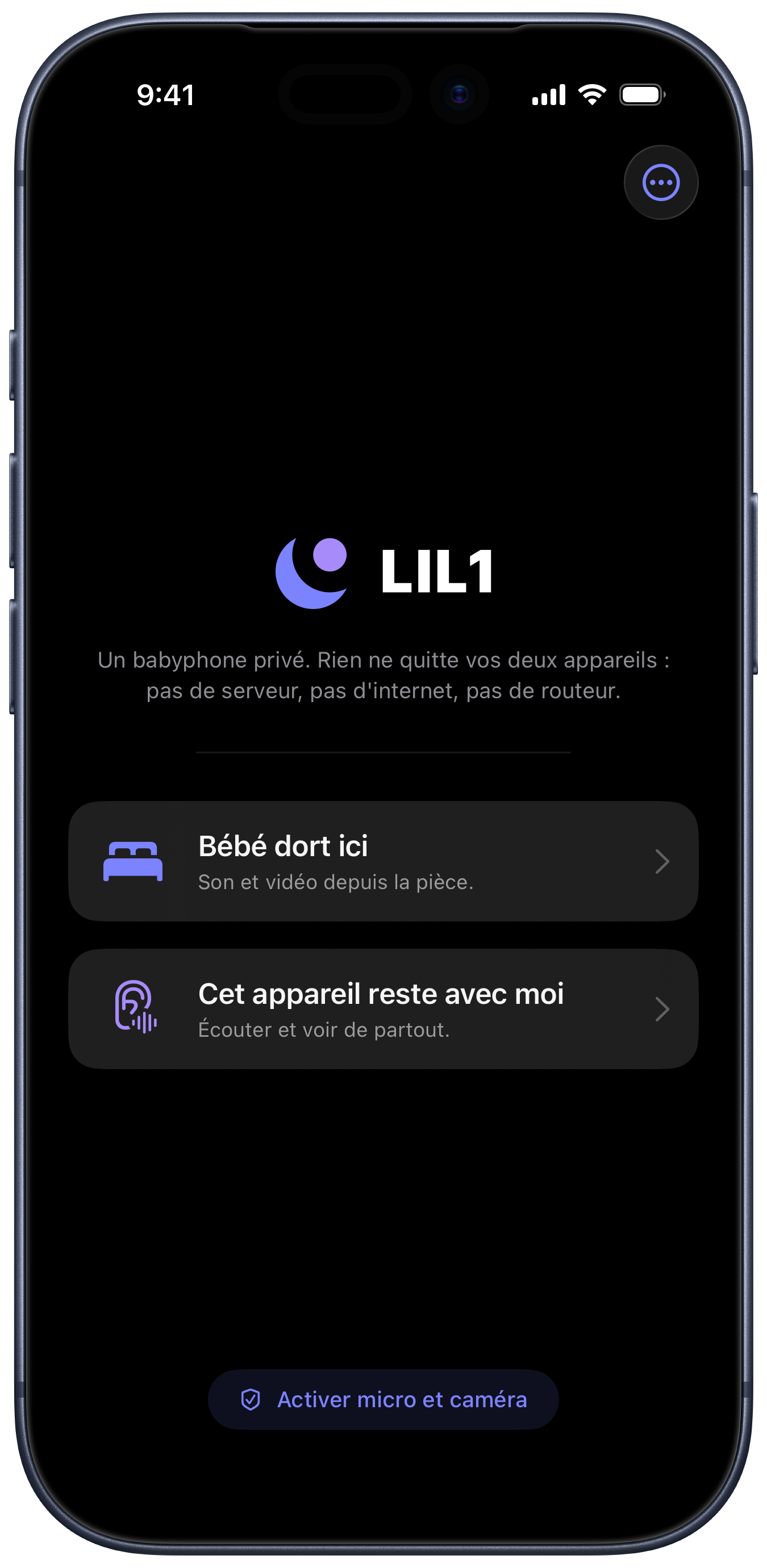 Écran d'accueil de LIL1 sur iPhone, choix entre appareil bébé et parent.