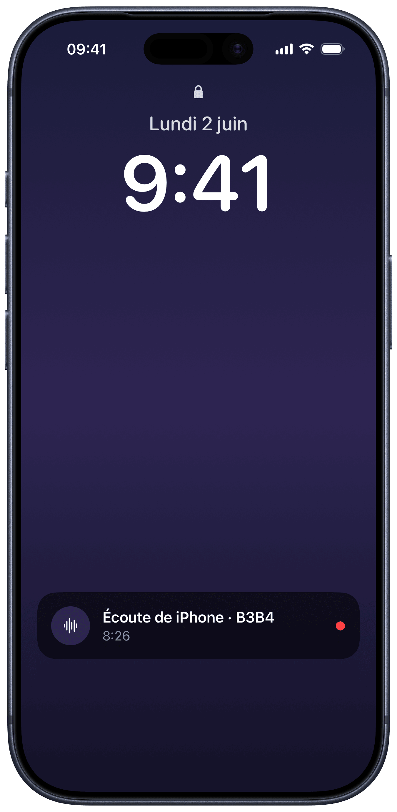 Écran verrouillé avec l'indicateur d'écoute actif (iPhone)