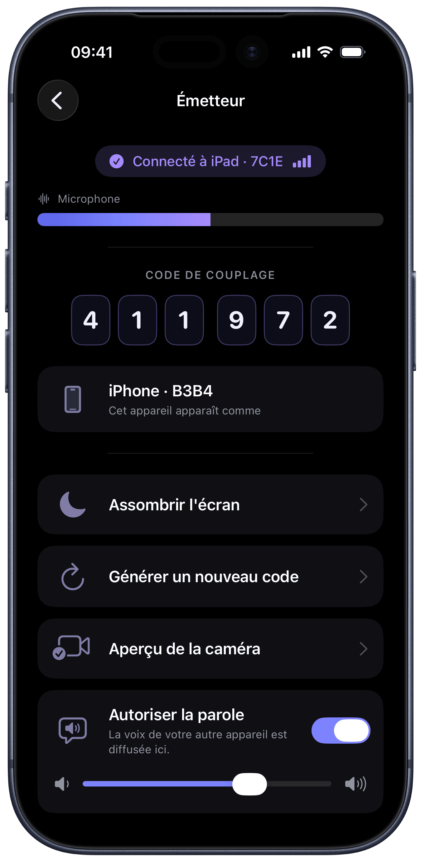 Unité bébé avec réglages d'écran, de PIN et d'aperçu caméra (iPhone)